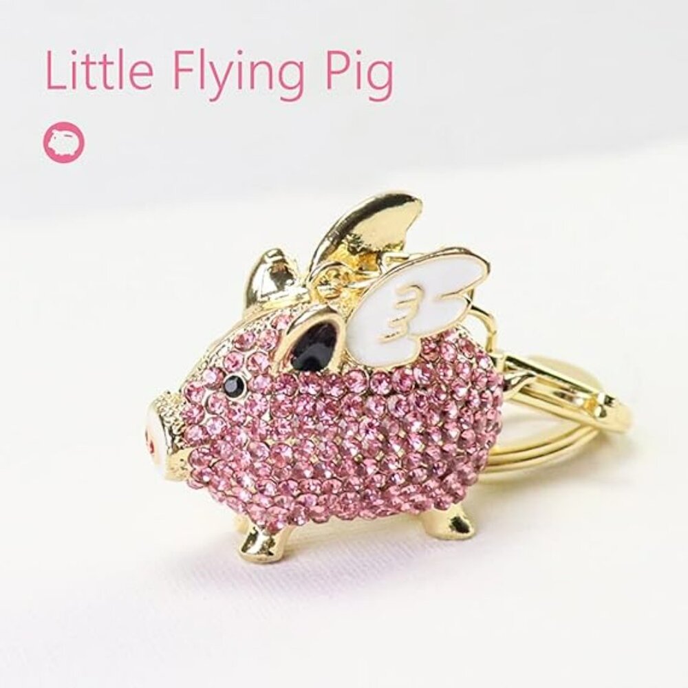 Flying Pig‎ Keychain Pink Rhinestone Bling with Gold - Picture 2 of 4